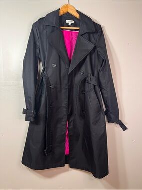 ON 34th Black Double Breasted Belted Trench Coat Jacket Pink Lining Women's S